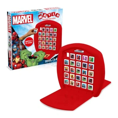Image of Top Trumps Match Marvel Avengers The Crazy Cube game, play with 15 superheroes including Spider Man, Black Widow, Iron Man and Captain America, travel board gift for ages 4 plus