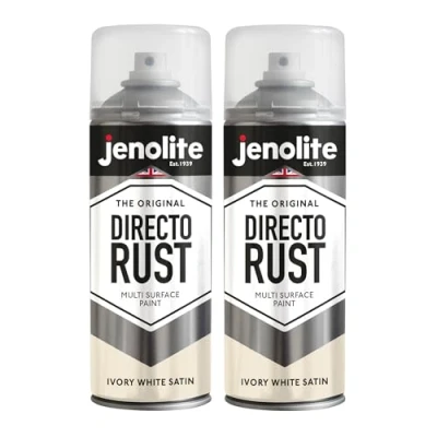 Image of JENOLITE Directorust Spray Paint Satin Finish IVORY WHITE 2 x 400ml Direct To Rust for Metal All In One Multi Surface Metal, Wood, Plastic, Ceramic RAL 1013