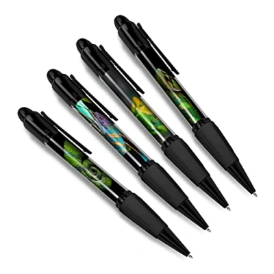 Image of DV DESIGN Set of 4 Chameleon Black Ballpoint Pens Lizard Animal Nature Wildlife Wild Travel Portrait Boys Girls Men Women Theme Pen #79432