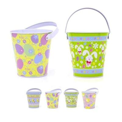 Image of Set of 2 Easter Egg Hunt Bucket Tin Pack Basket Collection With Handle Candy Pail Gifts