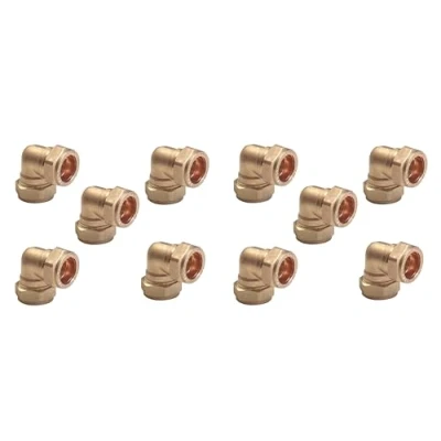 Image of TC 15mm Brass 90 Degree Angle Compression Elbow Connector Fitting for Copper Pipe Pack of 10