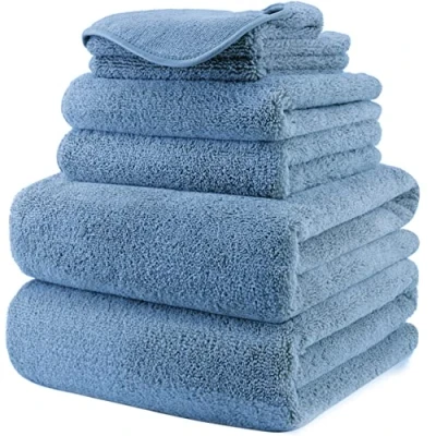 Image of POLYTE Plush Quick Dry Lint Free Microfibre Bath Towel Set, 6 Pieces (Blue)