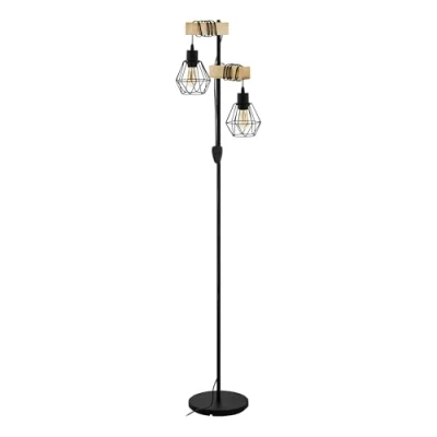 Image of Eglo Floor lamp Townshend 5, 2 Light Vintage Standing lamp, Industrial Design floorlamp, Living Room Lighting Made of Black Metal and Natural Wood, E27 Socket