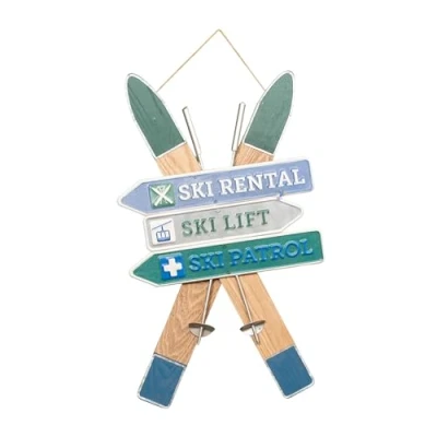 Image of 55cm Blue and Green Wooden Hanging Ski Sign Christmas Decoration