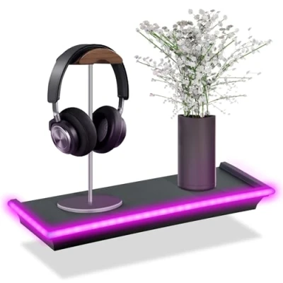 Image of GEEZY Black Floating Shelf Pink LED Neon Lights Battery Operated, Lightweight, Wall Mounted with Screws Suitable for Gaming Room Lounge Shelves Bedroom, 45.5x15.5x4.5cm