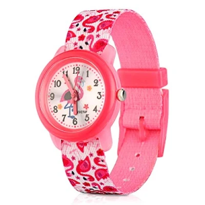 Image of ele ELEOPTION Unisex Kids Digital Quartz Waterproof Cute Cartoon Round Dial Washable Elastic Wrist Watch with Nylon Strap, Flamingos, Pink Band