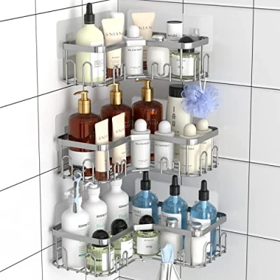 Image of Menbyci 3 Pack Corner Shower Caddy, Shelf with 18 Hooks, Stainless Steel Adhesive Organizer Shelves for Bathroom Storage (Silver)