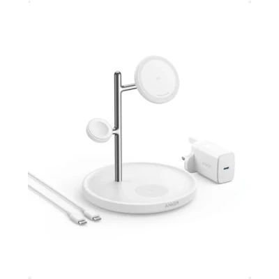 Image of Anker 3 in 1 Wireless Charging Station, MagSafe Charger Compatible, Qi2 Certified 15W Stand, For iPhone 15/14 Series, AirPods Pro, Apple Watch Ultra (USB C and Cable Included)