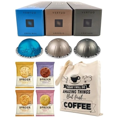 Image of Nespresso Vertuo Coffee Capsules Fortado, Costa Rica, Arondio 3 Boxes (30 Pods) Bundled with Border Biscuits Selection &amp; Giftable Tote Bag