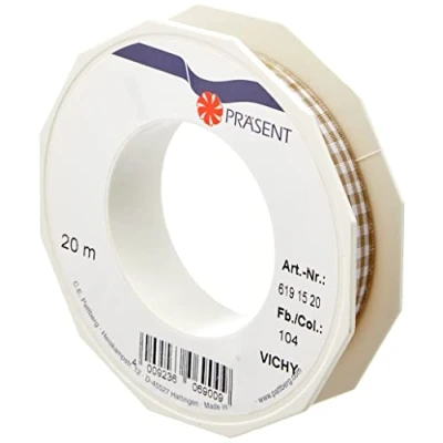 Image of C.E. Pattberg Präsent Vichy Wired Ribbon Taupe White 15 mm width, 20 m length