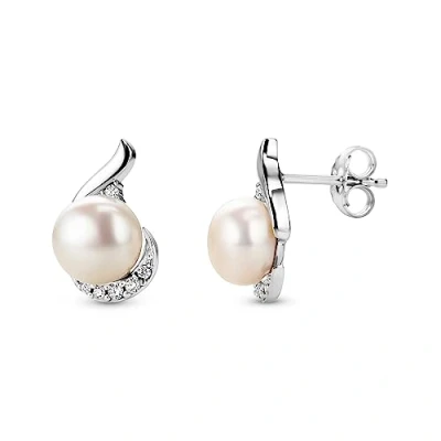 Image of Orovi Drop Pearl Earrings, White Freshwater Round Cut Cubic Zirconia Gem Sterling Silver Earrings (Jewellery Set)