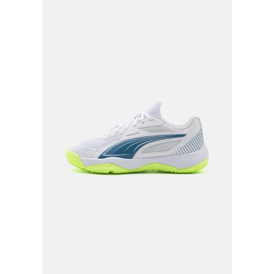 Image of PUMA SOLARFLASH III JR Indoor Court Shoe, White Blue Horizon Fizzy Apple, 3 UK