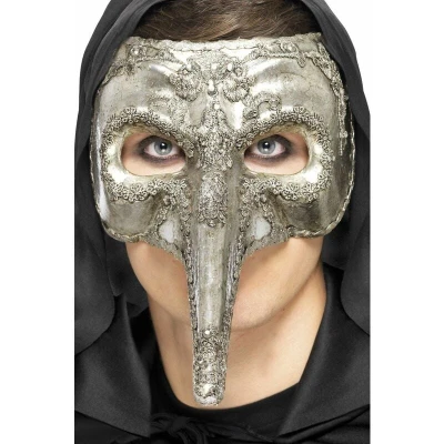 Image of Smiffys Luxury Venetian Capitano Mask, Silver , Eyemasks Fancy Dress, Adult Dress Up Eye masks