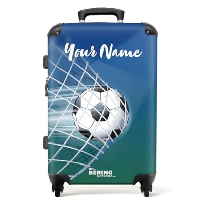 Image of NoBoringSuitcases.com® Children&#039;s Luggage Kids Suitcase Personalised Large Hard Shell on Wheels Football Blue Green Design 26 28 inch 23kg