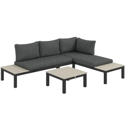 Image of Outsunny 3 Pieces Garden Furniture Sets, Aluminium Outdoor Corner Sofa Set with 2 Loveseat and Coffee Table Cushions for Garden, Dark Grey