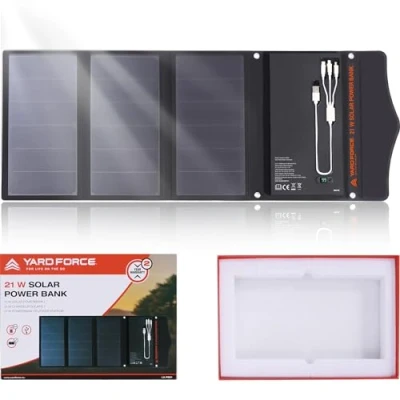 Image of Yard Force 21W/12V Li ion, Portable Solar Power Bank with foldable panel and 2 USB outputs for hiking, backpacking, outdoor activities LX PB21