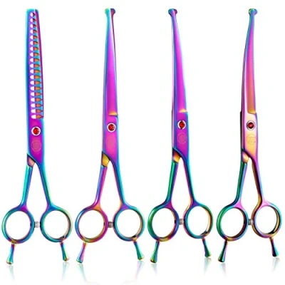 Image of Moontay 7&quot; Dog Grooming Scissors Set, Reversible Trimming Thinning Chunkers, Curved, Straight Cat Pet Shears with Safety Rounded Tip for Full Body