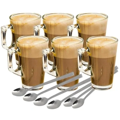 Image of PaulStore Latte Glasses 240ml Hot Tea Coffee Mugs Cups Tassimo Gusto Nespresso with Spoons (6)