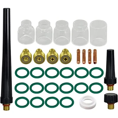 Image of RIVERWELD TIG Gas Lens Collet Body 45V43 13N23 2.4mm Clear Quartz Nozzles Glass Cup Shroud Back Assort Size kit Fit SR WP 9 20 25 Welding Torch 33pcs
