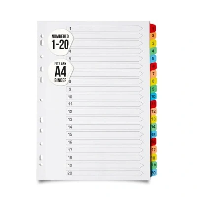Image of A4 File Dividers 20 Part Numbered 1 Subject with Multipunched Reinforced Colour Tabs 150gsm