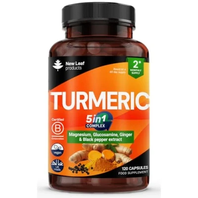 Image of Turmeric 5 in 1 Complex Capsules High Strength Enriched with Magnesium &amp; Glucosamine Sulphate Added Ginger + Black Pepper, Curcumin Supplement Vegan