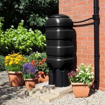 Image of 100L Space Saver Black Water Butt Set Complete With Stand, Tap &amp; Diverter Kit Rain Garden Container For Gardens Patios 90cm x 40cm Butt.