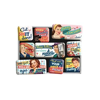 Image of Nostalgic Art Retro Style Fridge Magnets Office Fun Gift idea for colleagues, Magnet set notice board, vintage design, 9 pieces