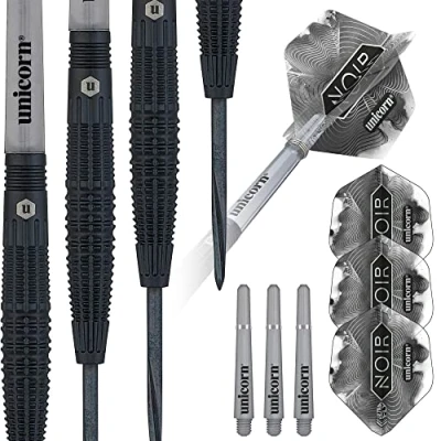 Image of Unicorn Steel Tip Darts Set Noir Style 2 90% Tungsten Barrels with Black Titanium Coating &amp; Volute Points 21 g