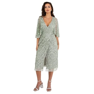 Image of Maya Deluxe Women&#039;s Midi Ladies Sequin Embellished Cape Sleeve Wrap Dress for Wedding Guest Bridesmaid Cocktail Prom Evening, Green Lily, 18