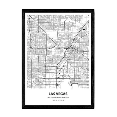 Image of Nacnic Poster with map of Las Vegas USA. Sheets US cities seas and rivers in black color. A4 size
