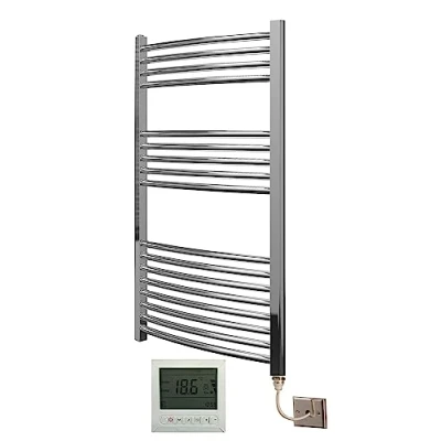 Image of Greened House Electric Chrome 600W x 1000H Curved Towel Rail + Timer and Room Thermostat New Bathroom Radiator