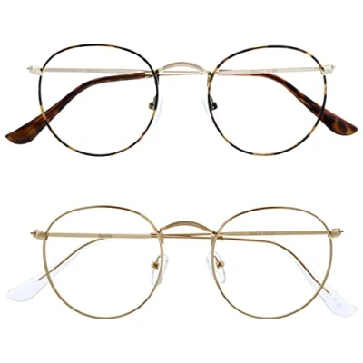 Image of OPULIZE Sol Blue Light Blocking Glasses 2 Pack Round Metal Retro Improve Sleep Reduce Headache Computer Gaming Anti Reflective Brown Gold Mens Womens BB94 29