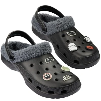 Image of Disney Star Wars Clogs Mens Teens Winter Fleece Lining &amp; Removable Charms Warm Slip On Garden Shoes with Strap (Black, 8/9 UK)