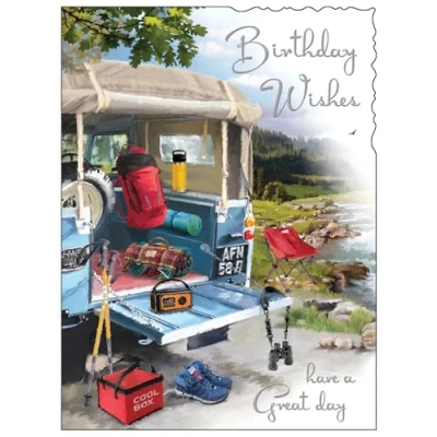 Image of Jonny Javelin Male Birthday Card Happy with Artistic 4x4 Camping Adventure Scene and Embossed Foil Details for Men