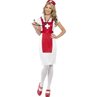 Image of Smiffys Women&#039;s A and E Nurse Costume, Dress, Mock Apron Headpiece, Accident Emergency, Size: 8 10, Colour: White Red, 43822