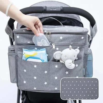 Image of Orzbow Large Buggy Organiser Bag,Waterproof 22L Pushchair w/Cup Holders,Multifunctional Bag w/Removable Divider,Insulated Lining,Extra 2 Hooks,Shoulder Strap&amp;Changing Mat (Grey)