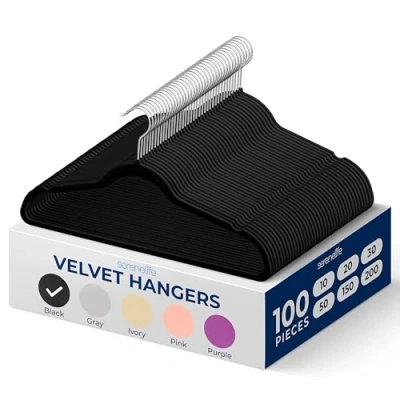 Image of SereneLife, Velvet Coat Hangers, Felt Space Saving, Hangers Velvet, Heavy Duty Non slip for Clothes Adults, Black with 360 Degree Swivel Hook (100 pack)
