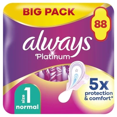 Image of Always Platinum Normal (Size 1) Sanitary Towels with Wings 22 Pads x 4