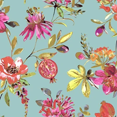 Image of 90520 Elias Floral Pomegranates Teal Multicoloured Fine Decor Wallpaper