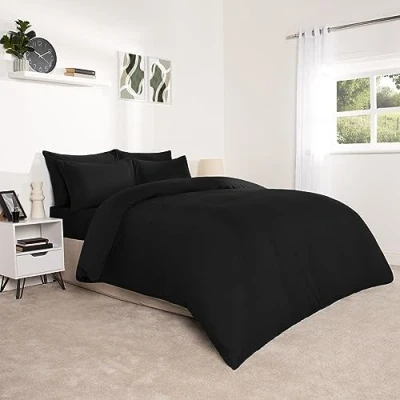 Image of Brentfords Black Soft &amp; Breathable Microfibre Bed Set Single Duvet Cover Plain Dyed Quilt Bedding With Pillowcase