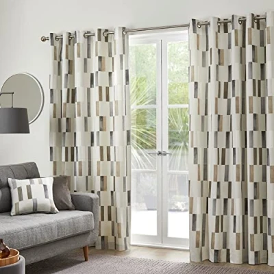 Image of Fusion Natural Geometric Tile Curtains W46 x L54 (117 137cm) 2x Panels 100% Cotton Vertical Rectangle Eyelet in Soundproof &amp; Drapes for Bedroom/Living Room