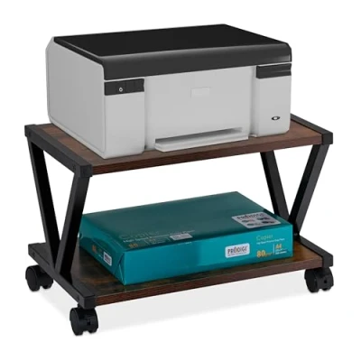 Image of Relaxdays Printer Stand for Desk, 2 Levels, Wheels, Office Shelf, Spare Paper, Storage, HxWxD: 28 x 44 28.5 cm, Black, Fibreboard