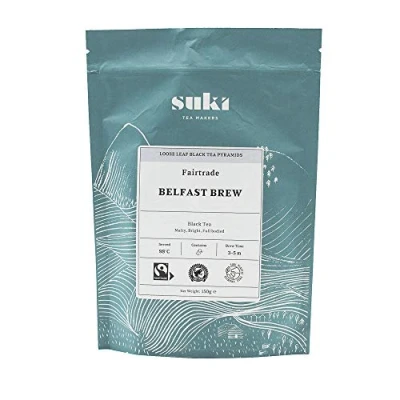 Image of Suki Tea Belfast Brew Pack of 50 Pyramid Bags Indian Assam and East African Black Blend Full Flavoured Fairtrade Great Taste Infuses Brews in 2 5 Minutes