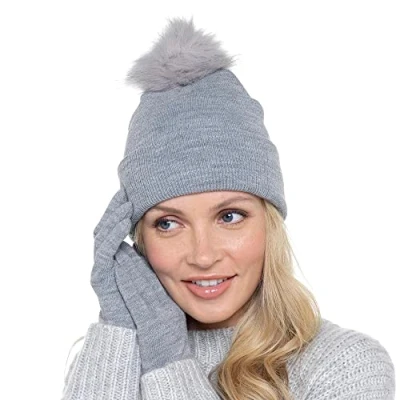 Image of KAV Ladies Winter Bobble Hat And Touchscreen Glove Set One Size Ear Warmer for Women Light Grey