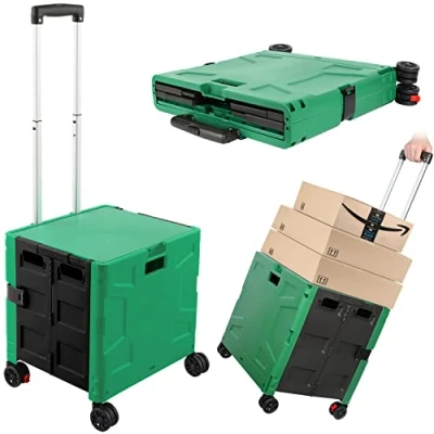 Image of Foldable Utility Cart Folding Portable Rolling Crate Handcart Shopping Trolley Wheel Box with Lid Wear Resistant Noiseless 360Rotate for Travel Moving Storage Office Use Dark Green