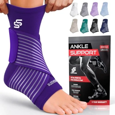 Image of Sleeve Stars Ankle Brace for Sprained Ankle, Plantar Fasciitis Relief Support Women &amp; Men, Compression w/Strap, Achilles Tendonitis Brace, Foot Wrap (Single/Dark Purple)
