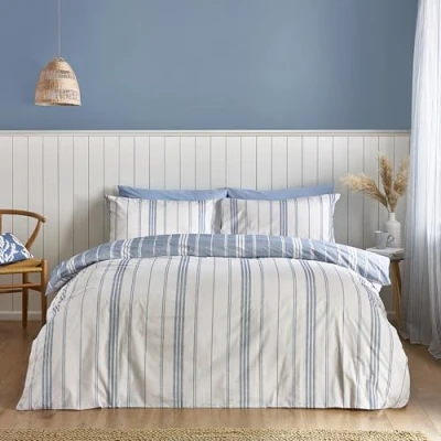 Image of Catherine Lansfield Harbour Stripe Reversible Single Duvet Cover Set with Pillowcase Blue
