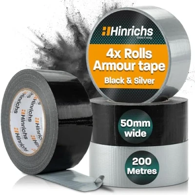 Image of Hinrichs Duct Tape Silver/Black 4 Rolls 50m x 50mm Gaffa extra strong waterproof Wide Black/Grey for Inside and Outside Adhesive