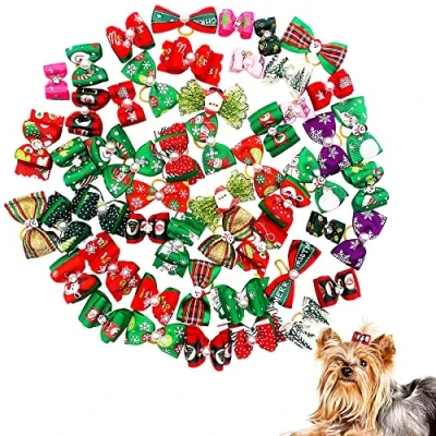 Image of BIPY 50Pcs Christmas Dog Hair Bows with Rubber Bands for Small Dogs Cats Puppy Xmas Tree Santa Claus Snowman Topknot Holidays Festival Pet Assorted Grooming Accessories Random Color