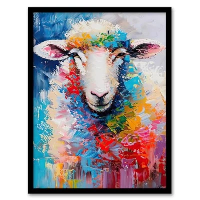 Image of Artery8 Colourful Sheep Fun Animal Portrait Oil Painting Living Room Artwork Framed Wall Art Print 18X24 Inch
